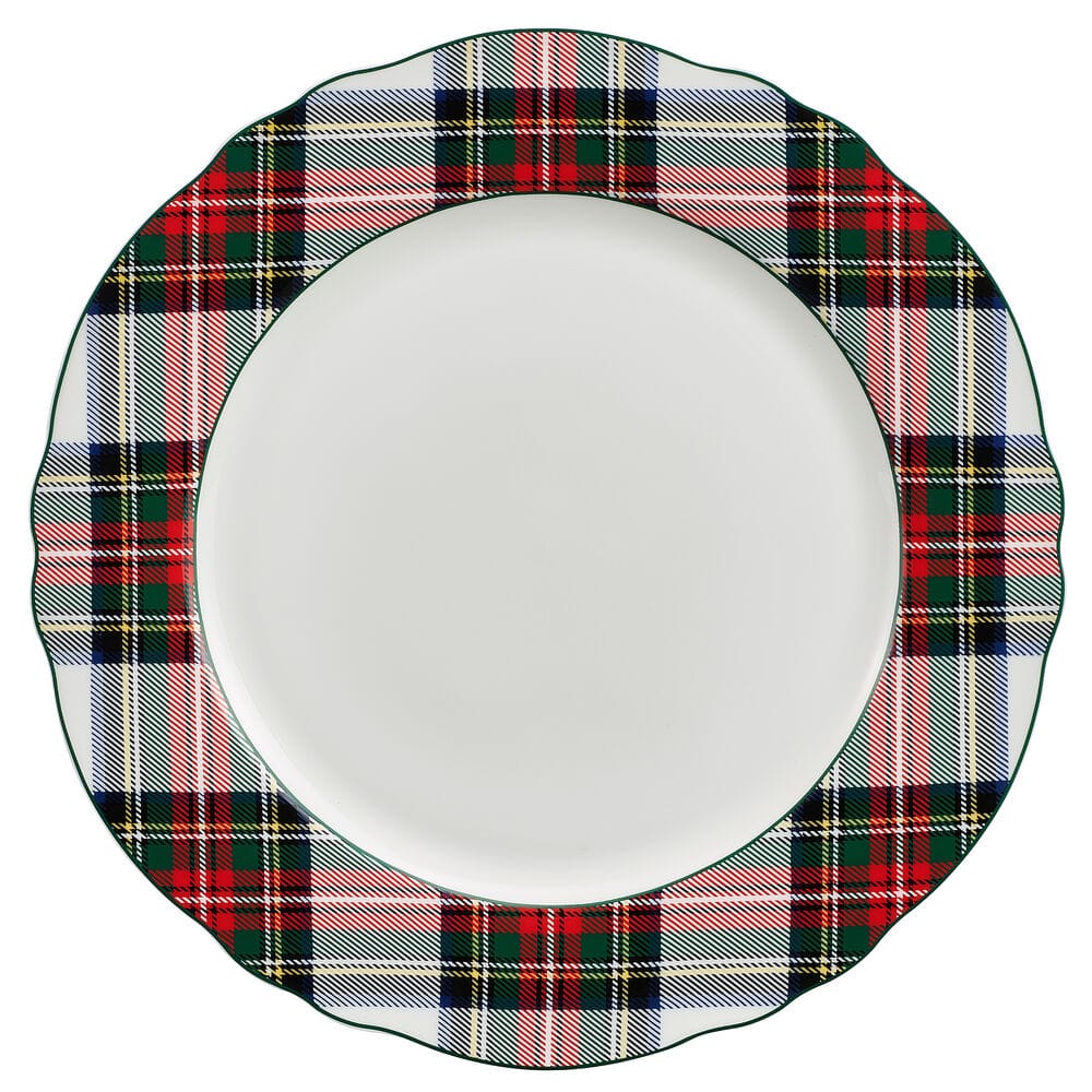Round dinner plate with white center and plaid tartan border viewed from above.