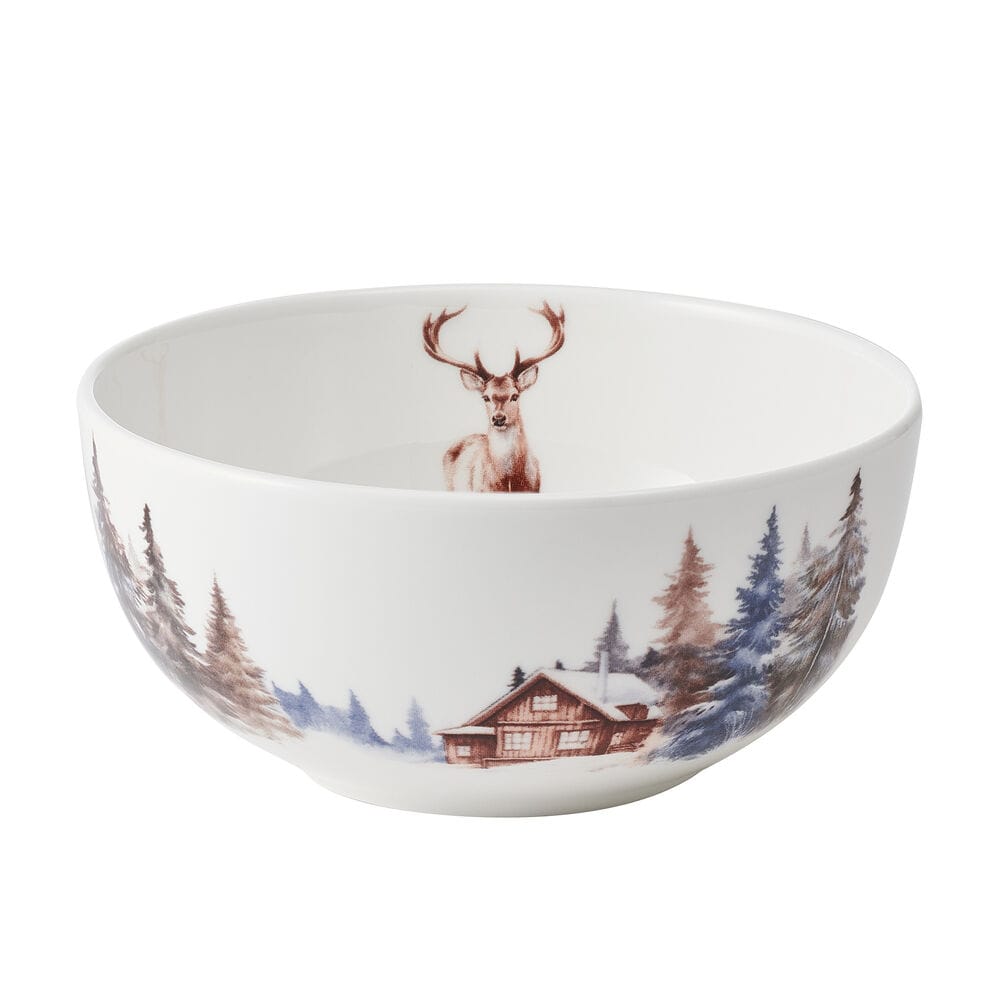 Whispering Pines bowl with a deer and snowy cabin forest design