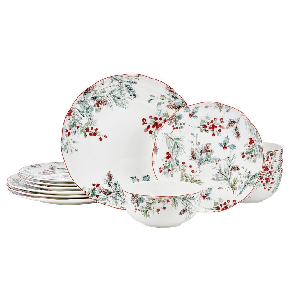 Pine and Berry 12 piece dinnerware set for four featuring plates and bowls with red berries and pine design.