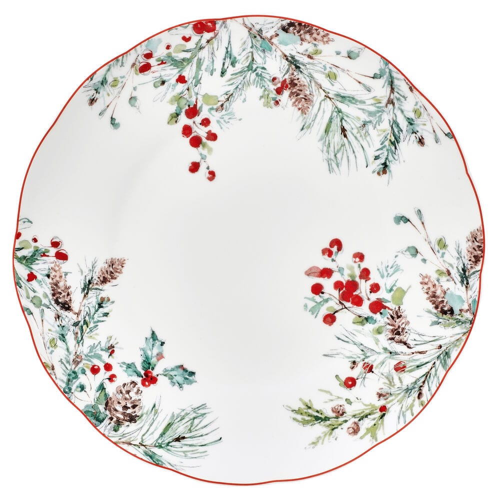 Round Pine and Berry plate with red rim and evergreen sprigs and red berries along the edge