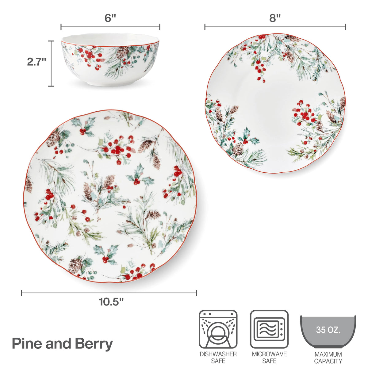 Pine and Berry 12 piece dinnerware set service for four featuring white ceramic with red rim and pine and berry botanical motif