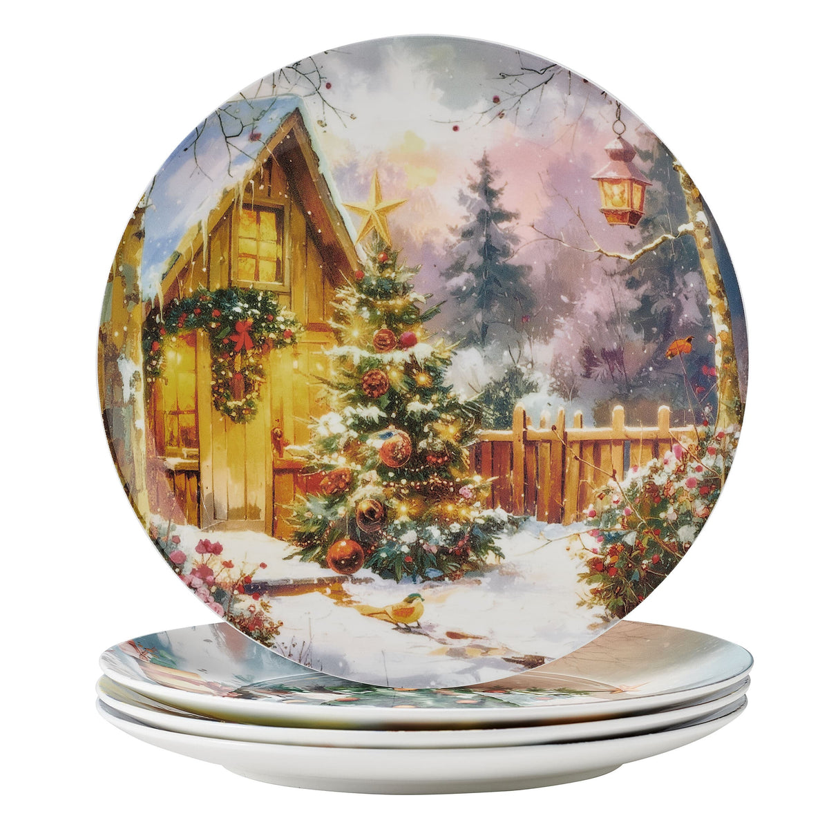 Close up of a vintage holiday plate showing a cozy cottage with garlands and a lantern in a snowy scene