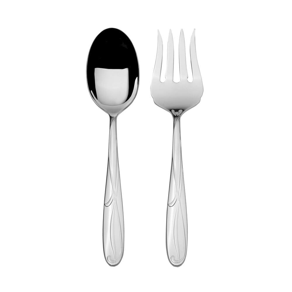 Cocoa Blossom set of two serving forks and spoons displayed side by side on white background