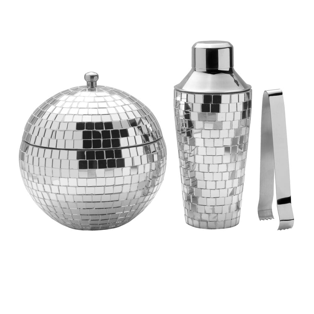 Disco Ball 3 piece bar set arranged on a white background showing ice bucket shaker and tongs