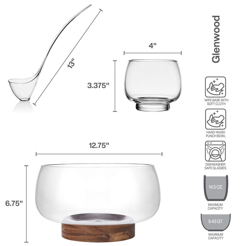 Illustration of Glenwood 8 Piece Punch Bowl Set with ladle small bowl large punch bowl and wooden base.