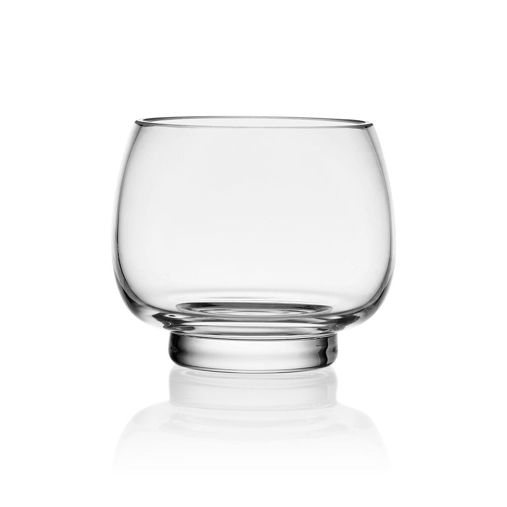 Clear glass punch bowl with rounded sides and a short pedestal base.