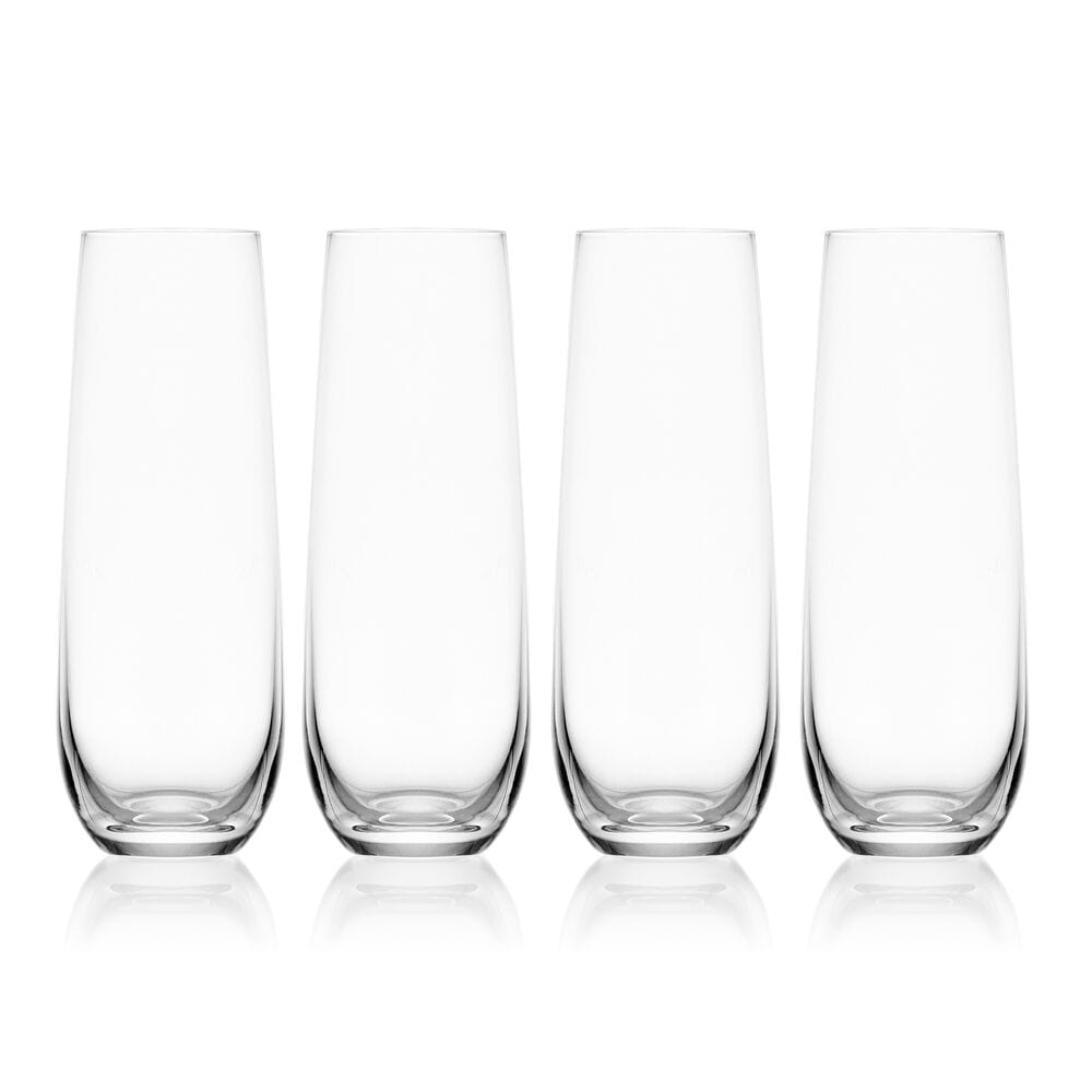 Four clear Lana stemless flute glasses arranged in a row against a white background