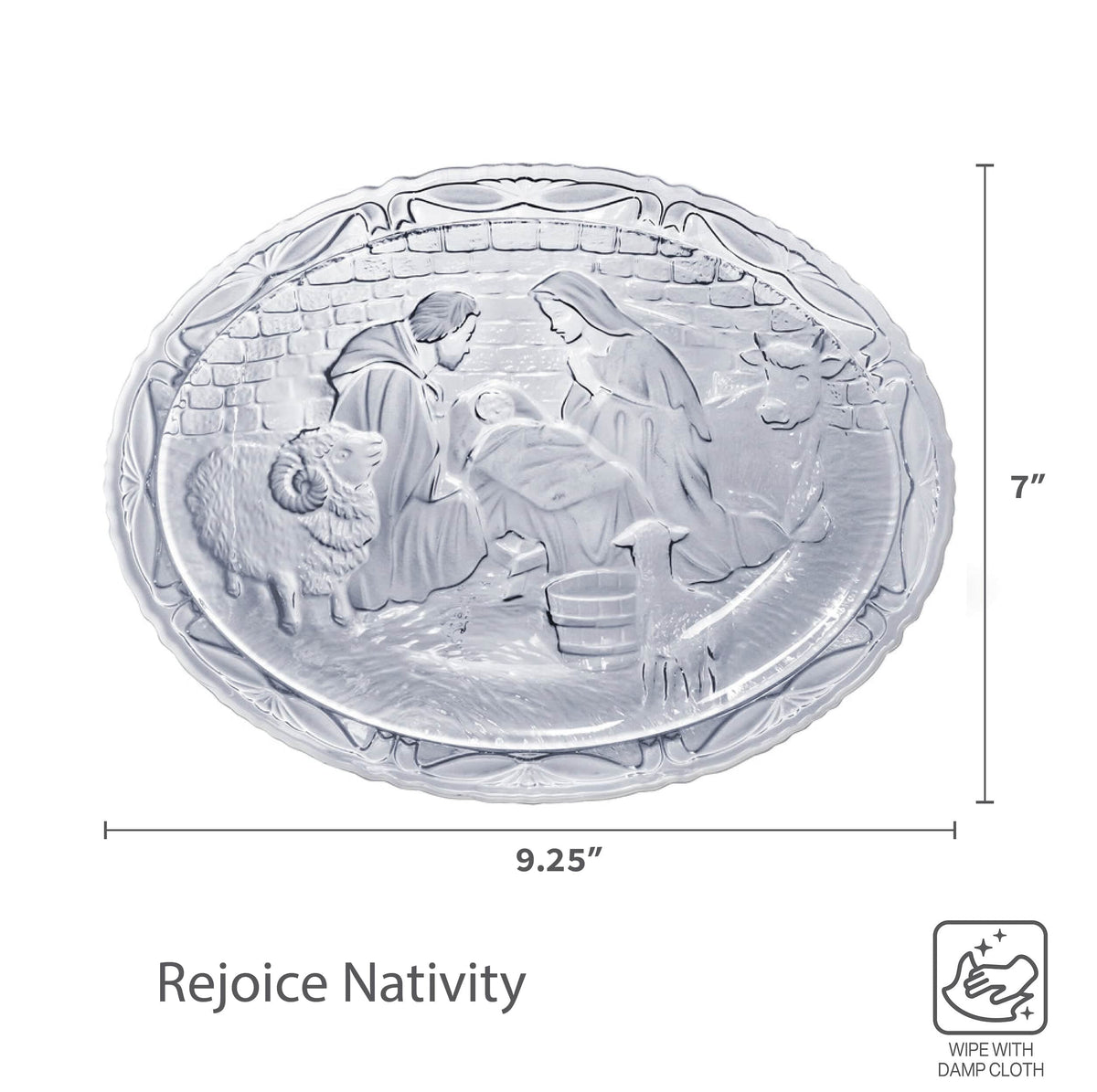 Crystal nativity small plate with stand showing the holy family in a circular relief