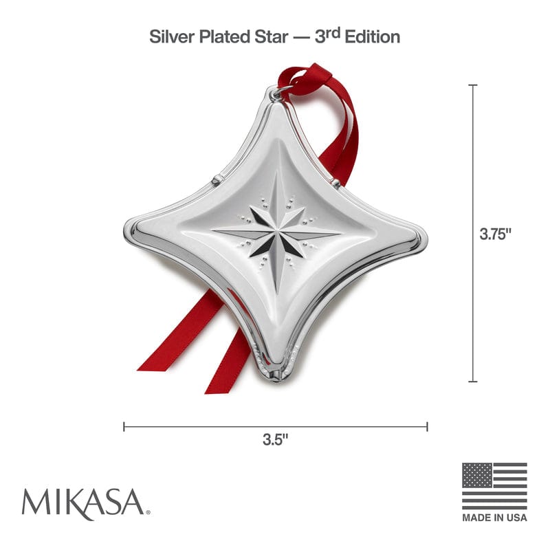 Silver plated star ornament with a red ribbon and raised starburst center