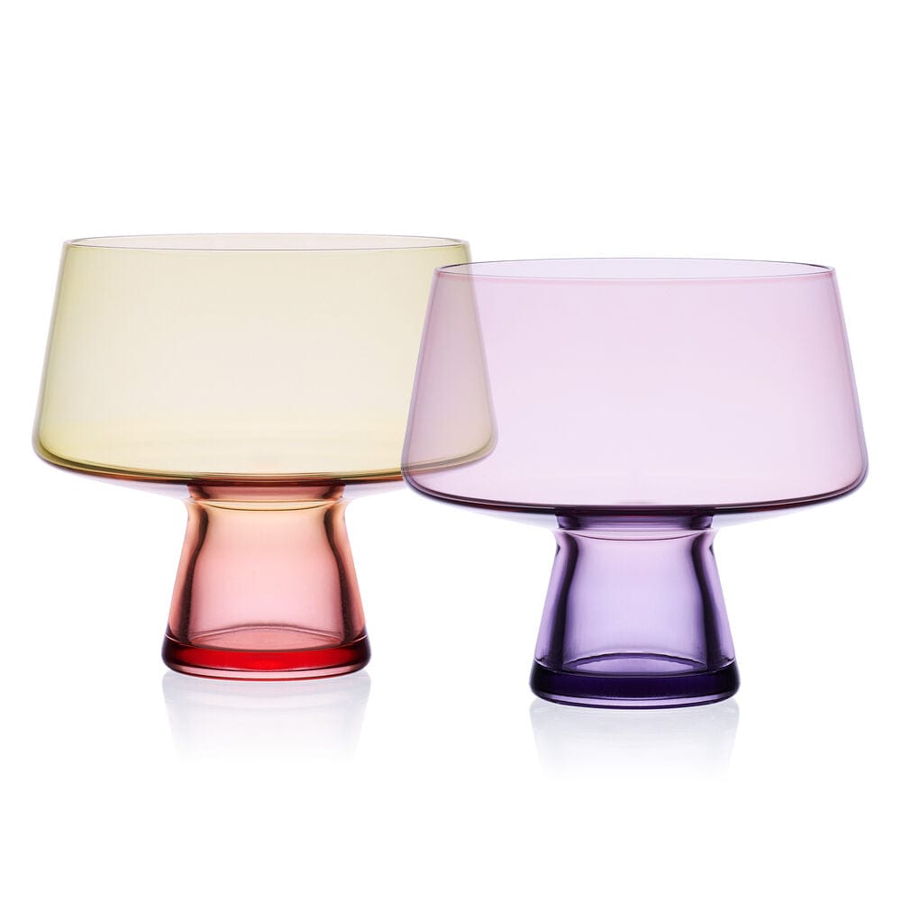 Chroma Set of 2 colorblocked martini glasses displayed side by side with yellow and pink bowls.