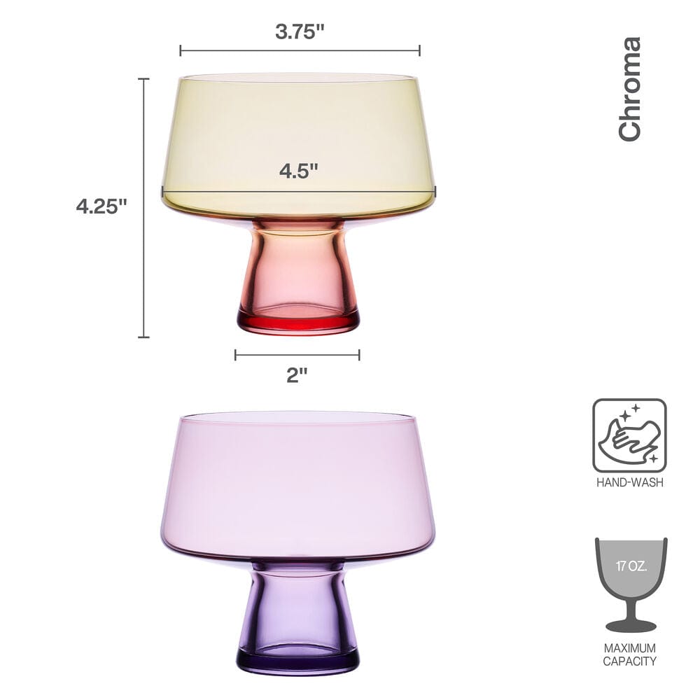 Chroma set of two colored martini glasses with a yellow bowl and pink stem.