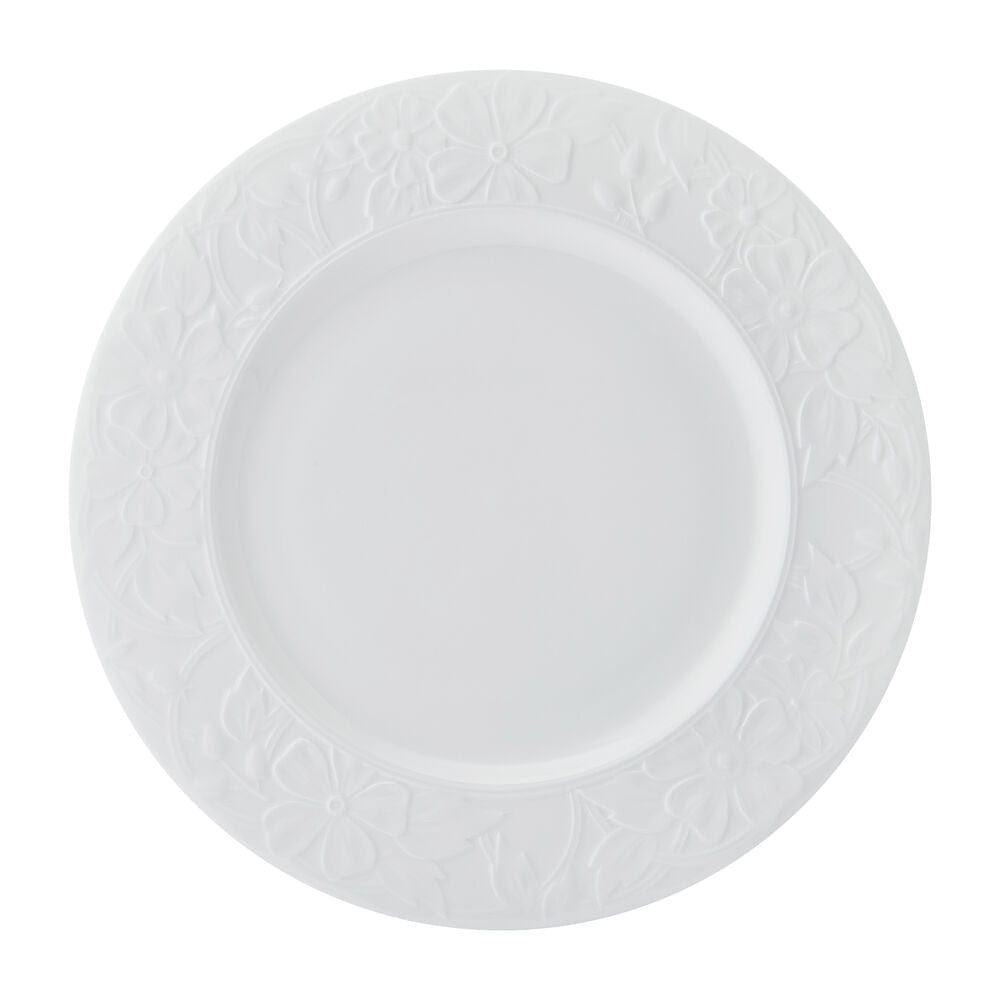 White dinner plate with embossed floral border from the Claire 12 Piece Dinnerware Set