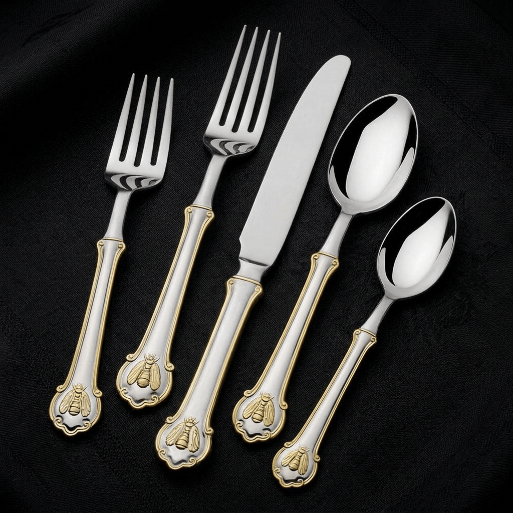 Wallace Napoleon Bee flatware set for eight with gold accented handles arranged on a dark background