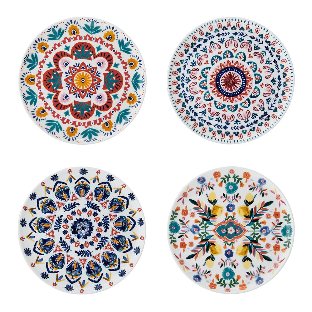 Four round Painted Medallion plates each with bright floral mandala designs