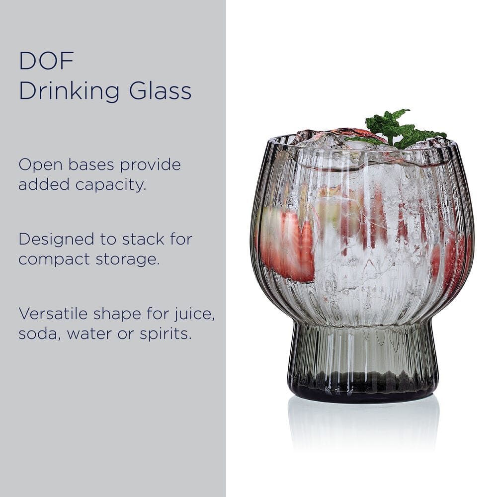 Phoebe Optic Smoke ribbed double old fashioned glass shown beside a gray DOF Drinking Glass panel.