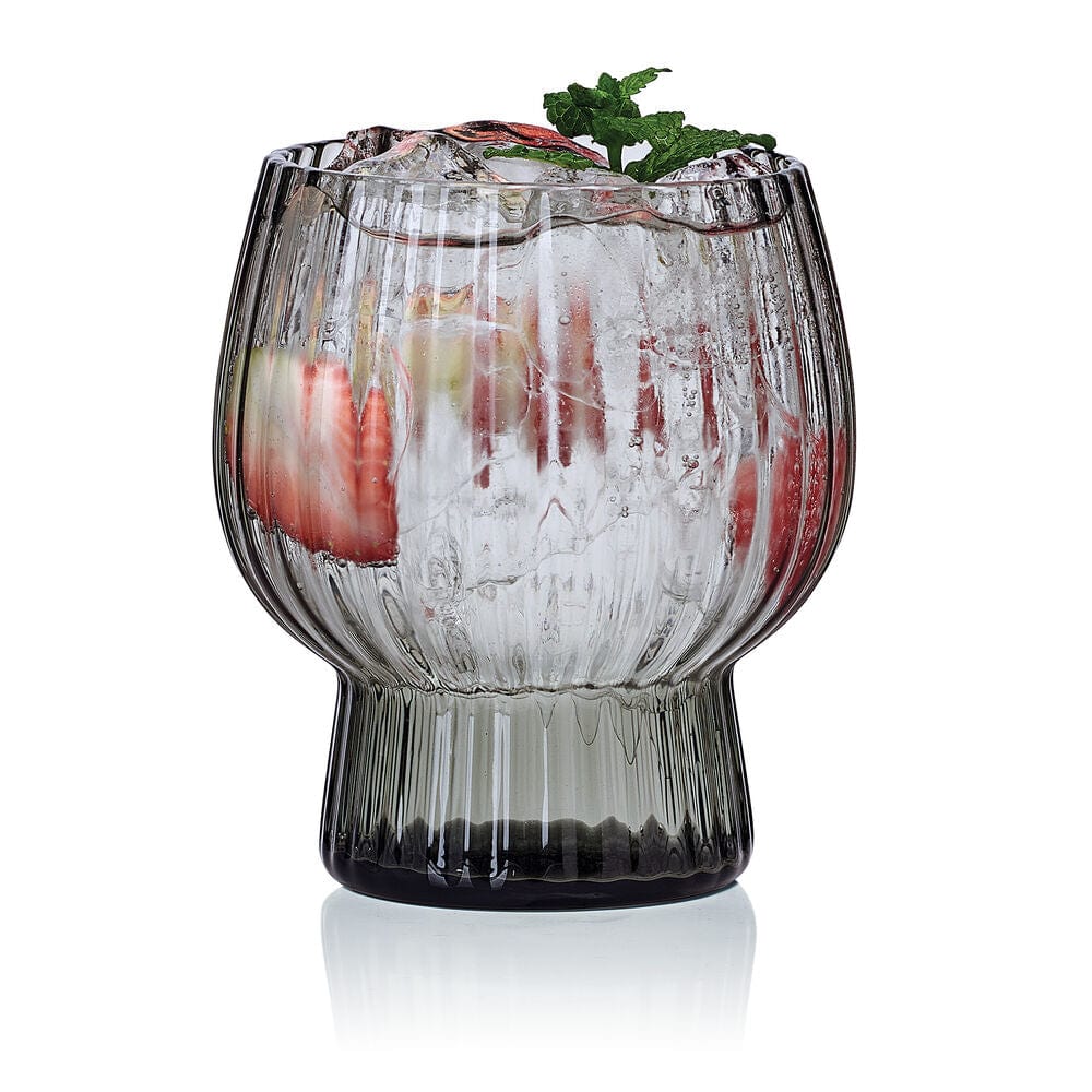 Phoebe Optic Smoke double old fashioned glass filled with ice strawberry slices and mint
