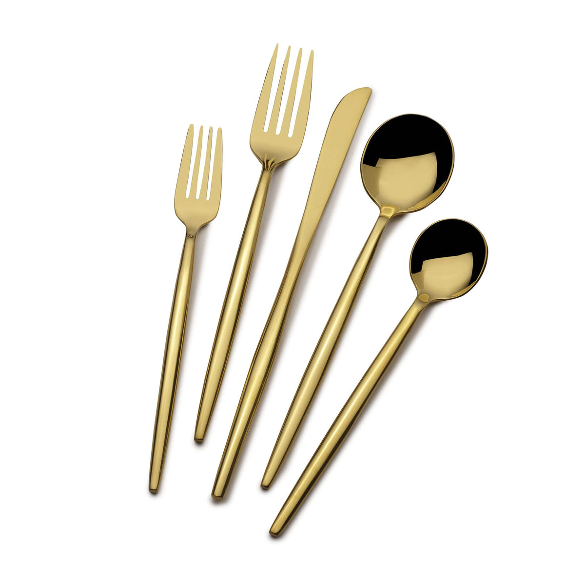 Gold plated flatware pieces arranged diagonally on a white background
