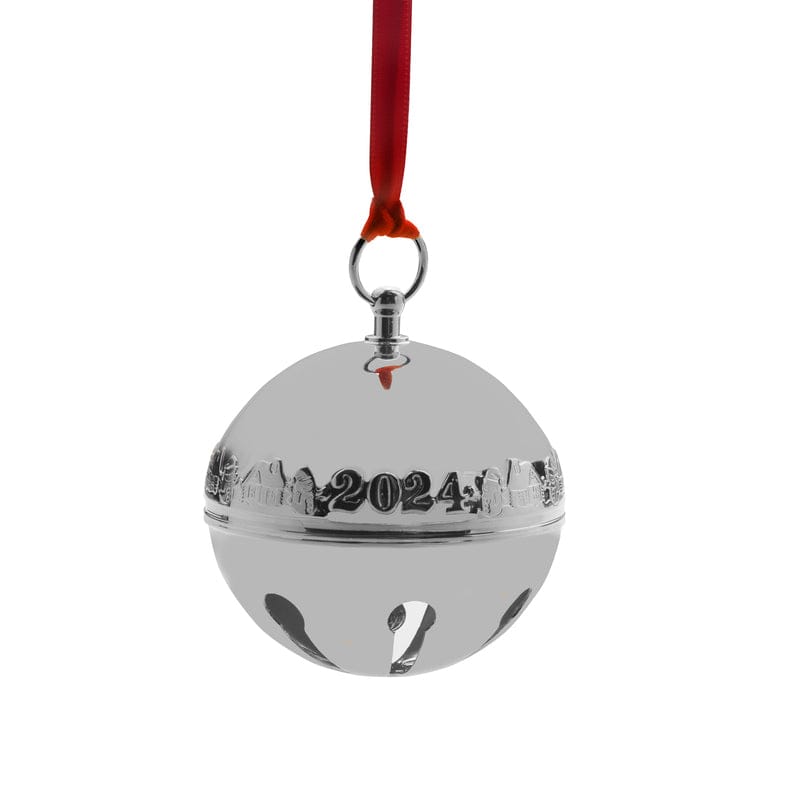 Close up of a silver plate sleigh bell ornament with a 2024 band and red ribbon loop.