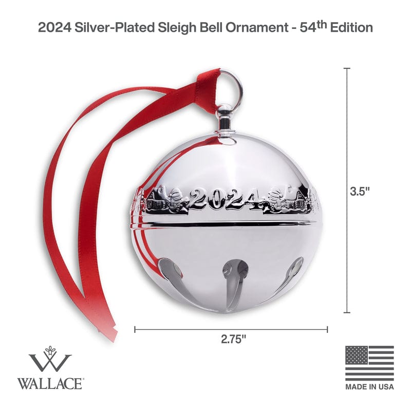 Full view of the 2024 silver plated sleigh bell ornament with red ribbon and embossed year