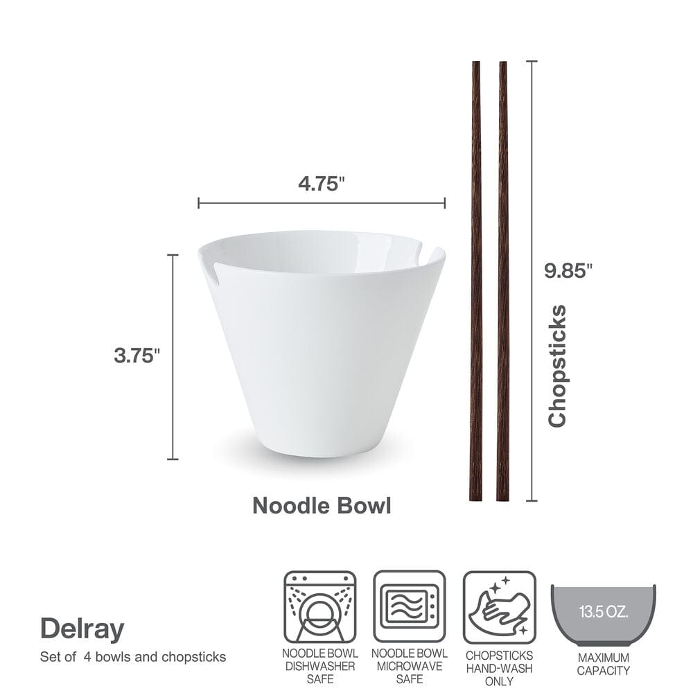 Delray white noodle bowl with a pair of dark wood chopsticks beside it.