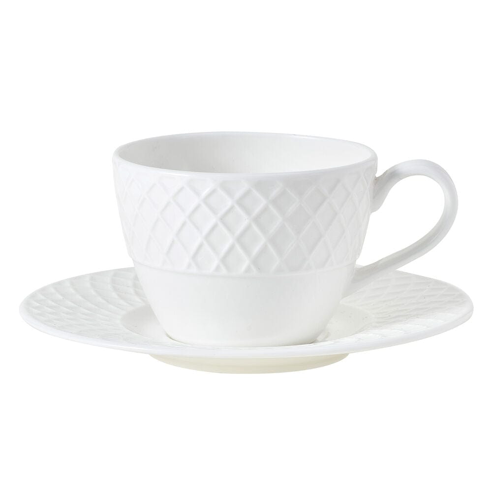 White ceramic teacup with a diamond lattice pattern on a matching saucer