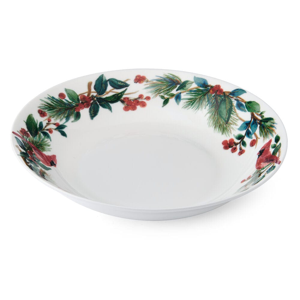 Top view of Winter Cardinal Serve Bowl showcasing vibrant cardinal and greenery along the inner rim.