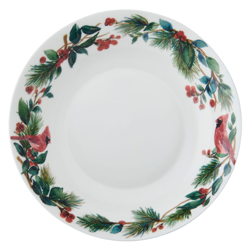 Winter Cardinal Serve Bowl featuring a festive cardinal and pine border around white porcelain.
