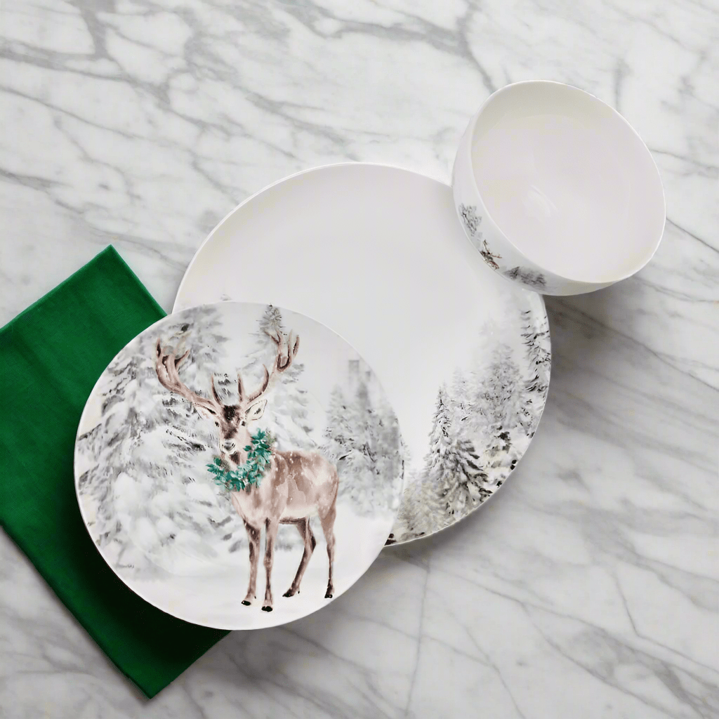 Woodsy Winter 12 Piece Dinnerware set, Service for 4