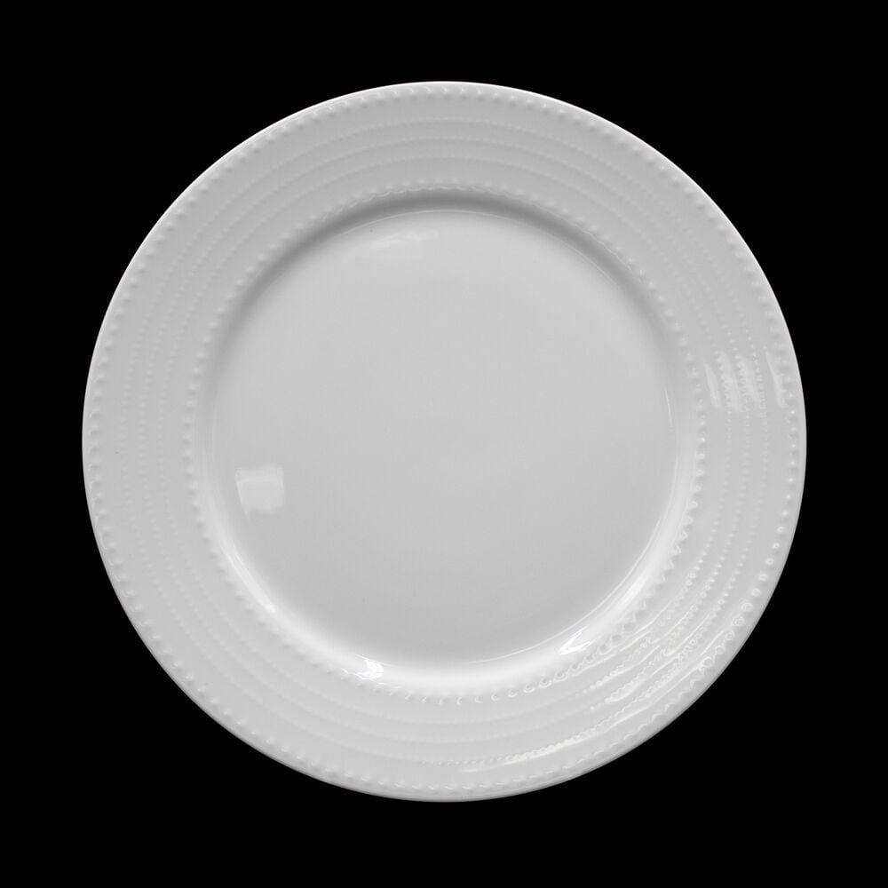 Top view of a white Annabel salad plate with a beaded rim on a black background