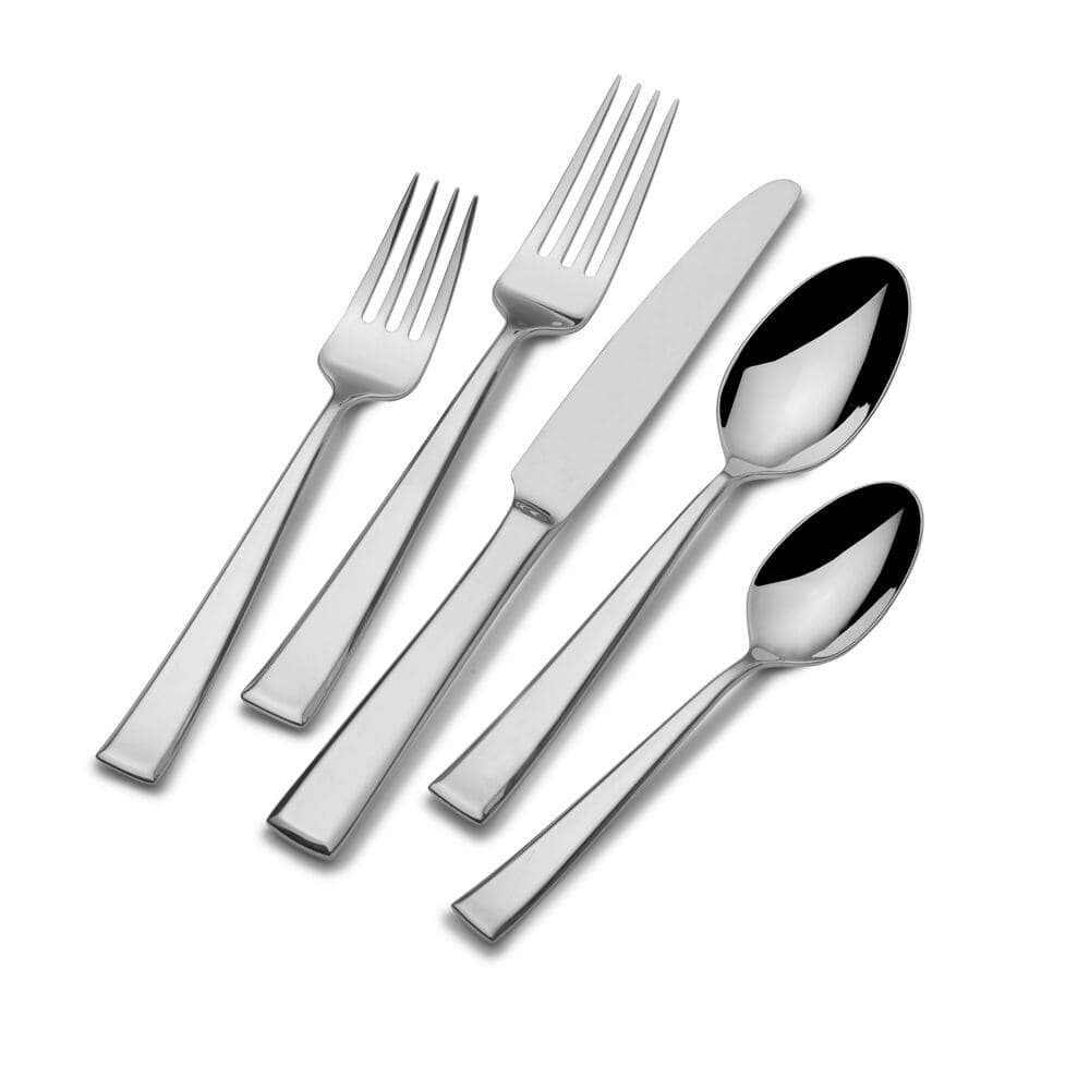 Essex 45 piece flatware set shown with two forks a long knife and spoons in polished stainless steel