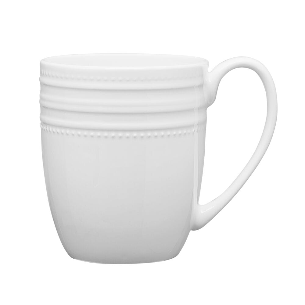White Kamryn Vegan Bone mug with raised ribbed bands and a curved handle.