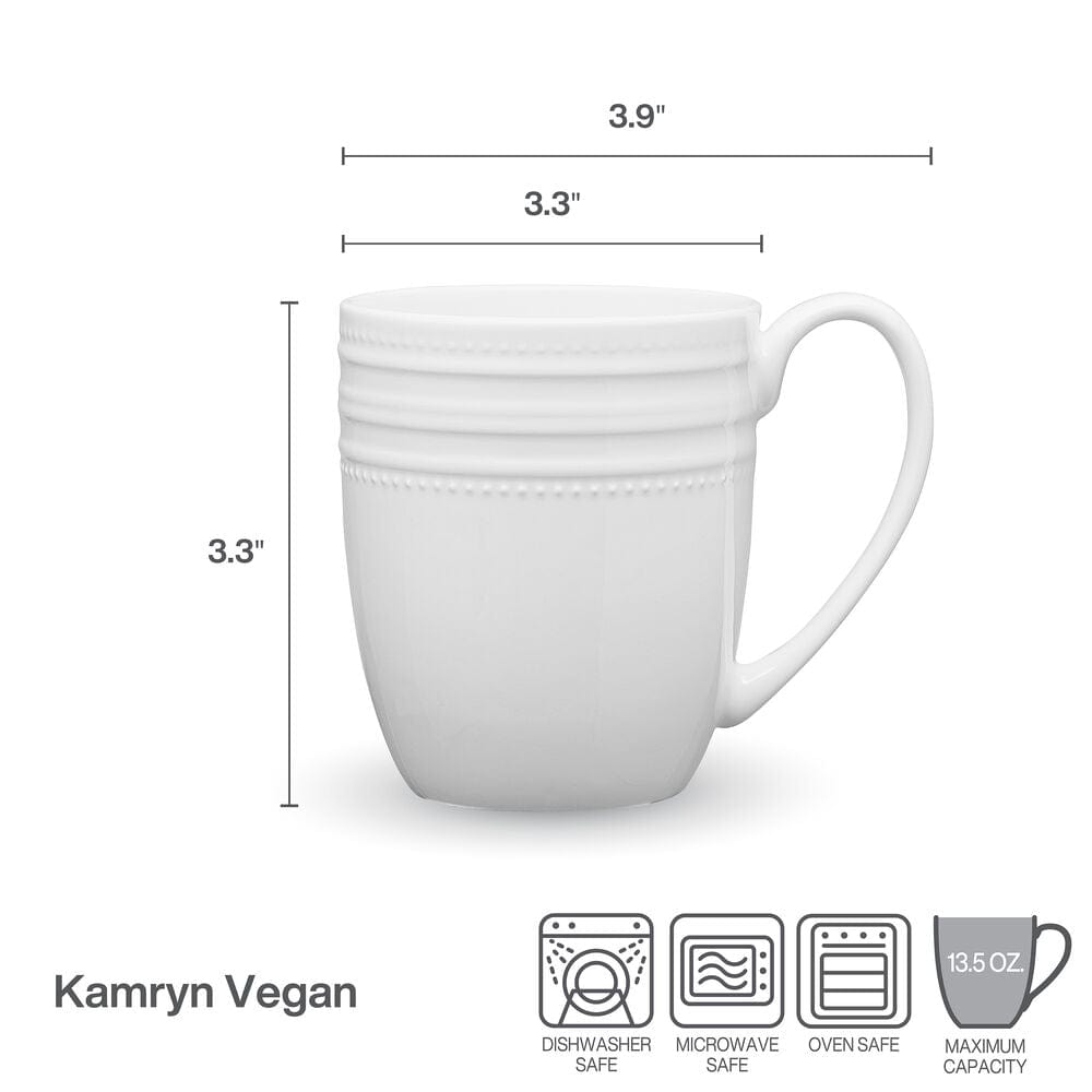 Kamryn Vegan Bone mug with dimension lines showing dimensions and care icons at the bottom.