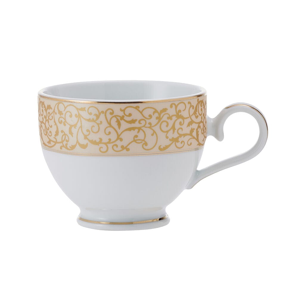 White porcelain teacup with parchment gold scroll band and gold rim