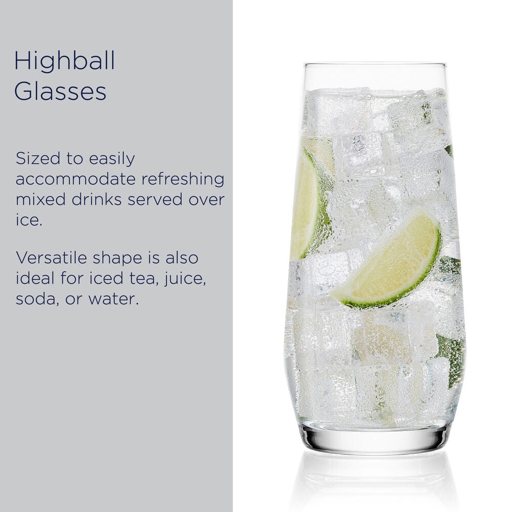 Single Samantha highball glass filled with ice and lime wedges on a light gray background.