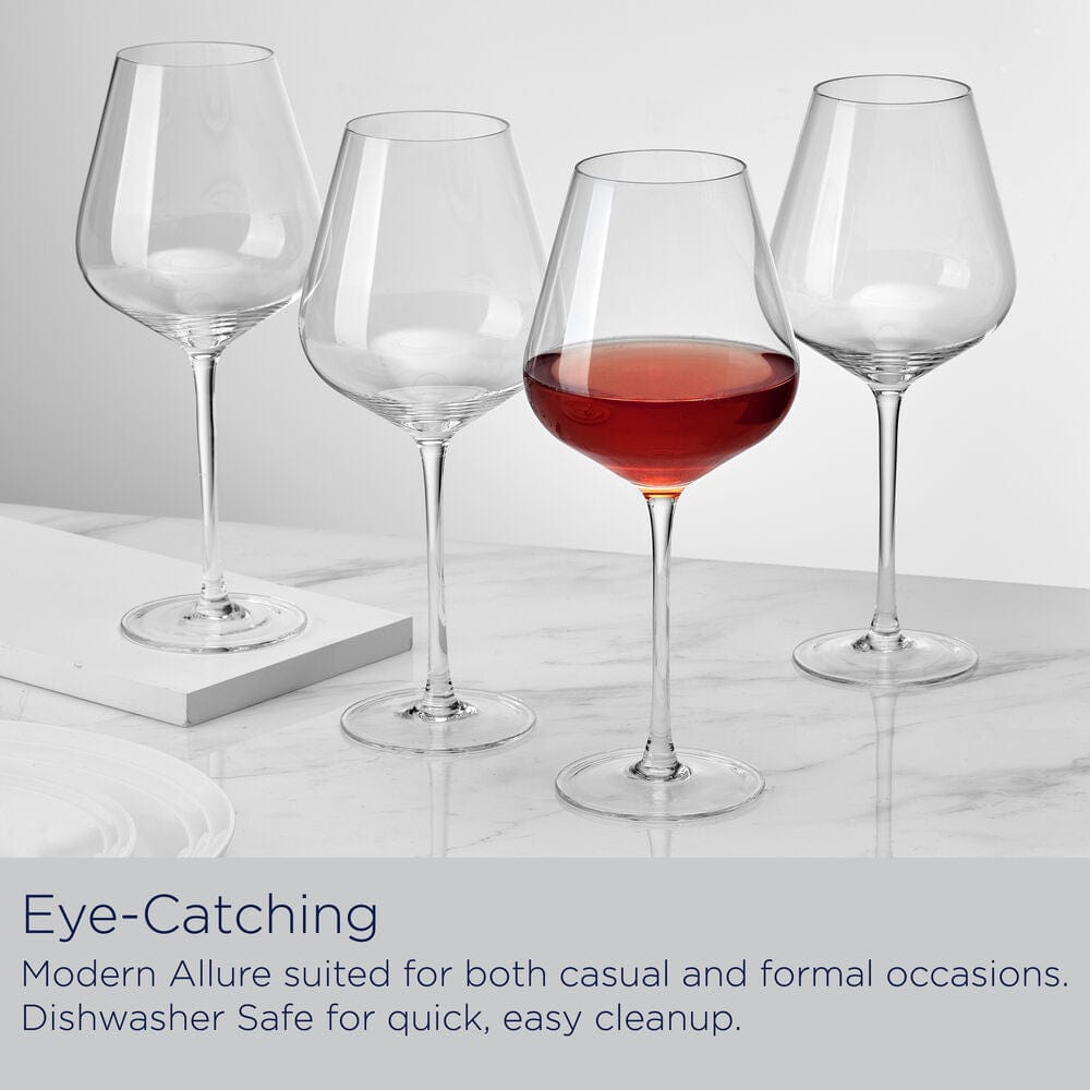 Four clear wine glasses arranged on a white marble surface with a gray promotional banner across the bottom.