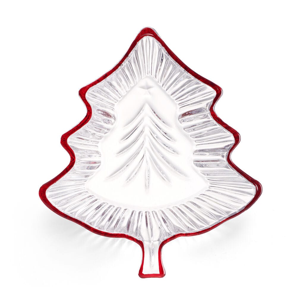 Clear glass Christmas tree shaped candy dish with a red rim