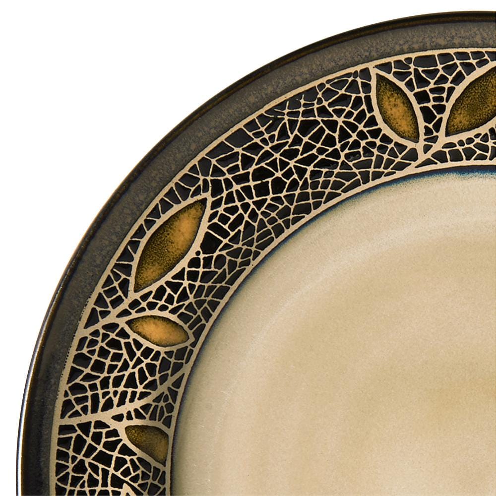 Close-up of Alexandria service for eight plate edge with an intricate mosaic border and gold leaf accents