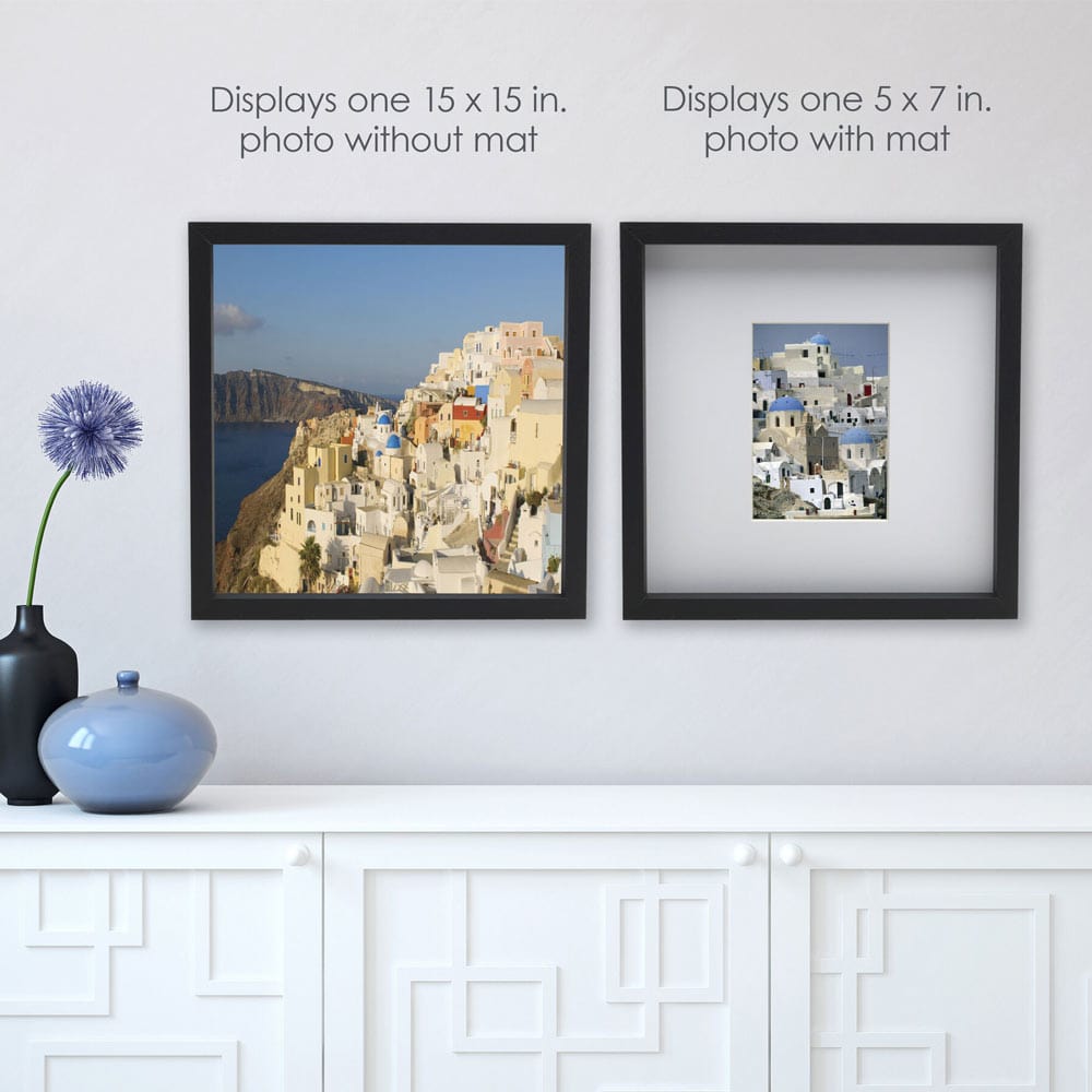 Two black 16x16 gallery frames mounted on a light wall, left shows a large photo without a mat and right shows a 5x7 photo with a mat.