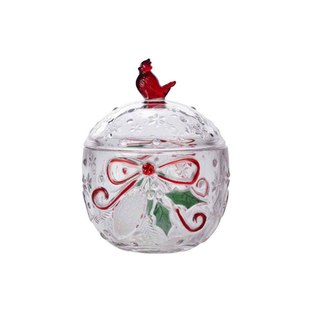 Crystal glass candy box with a red cardinal on the lid and holly bow motif.