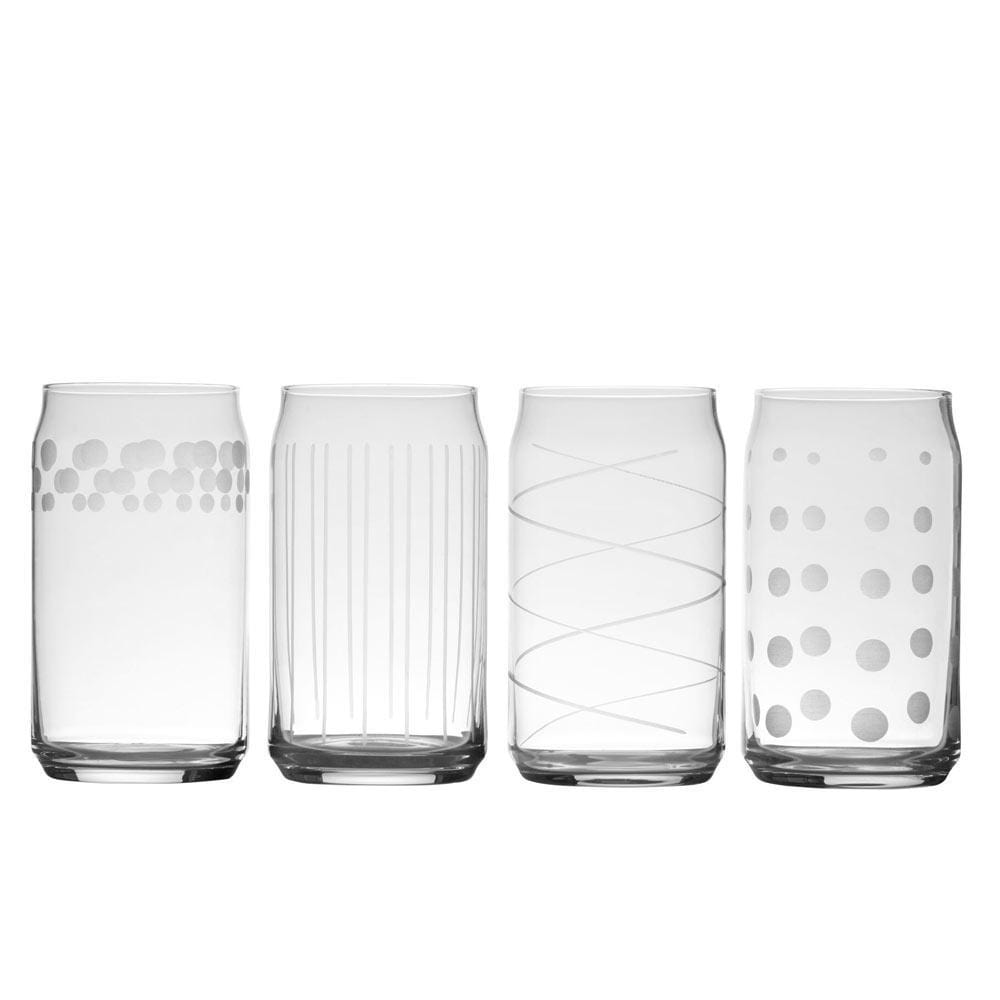 Cheers set of four clear seltzer glasses with etched patterns including dots and vertical stripes