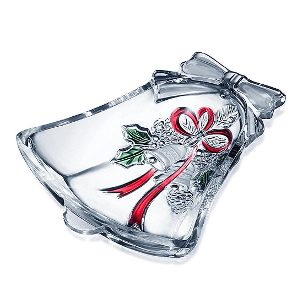 Clear glass holiday dish with a festive bells motif and red ribbon detail