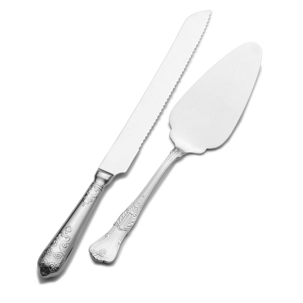 Luxe cake knife and server set with decorative handles in polished silver