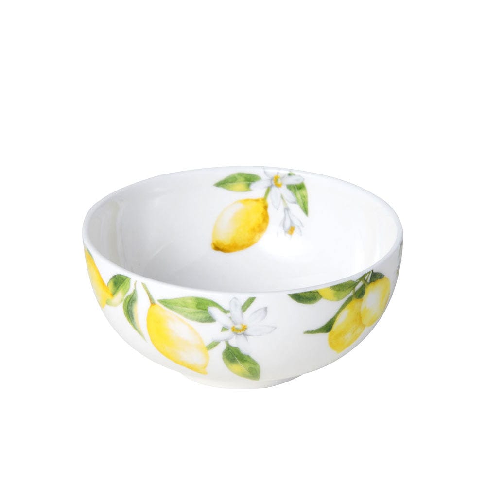 Close up of a lemon pattern fruit bowl with white interior