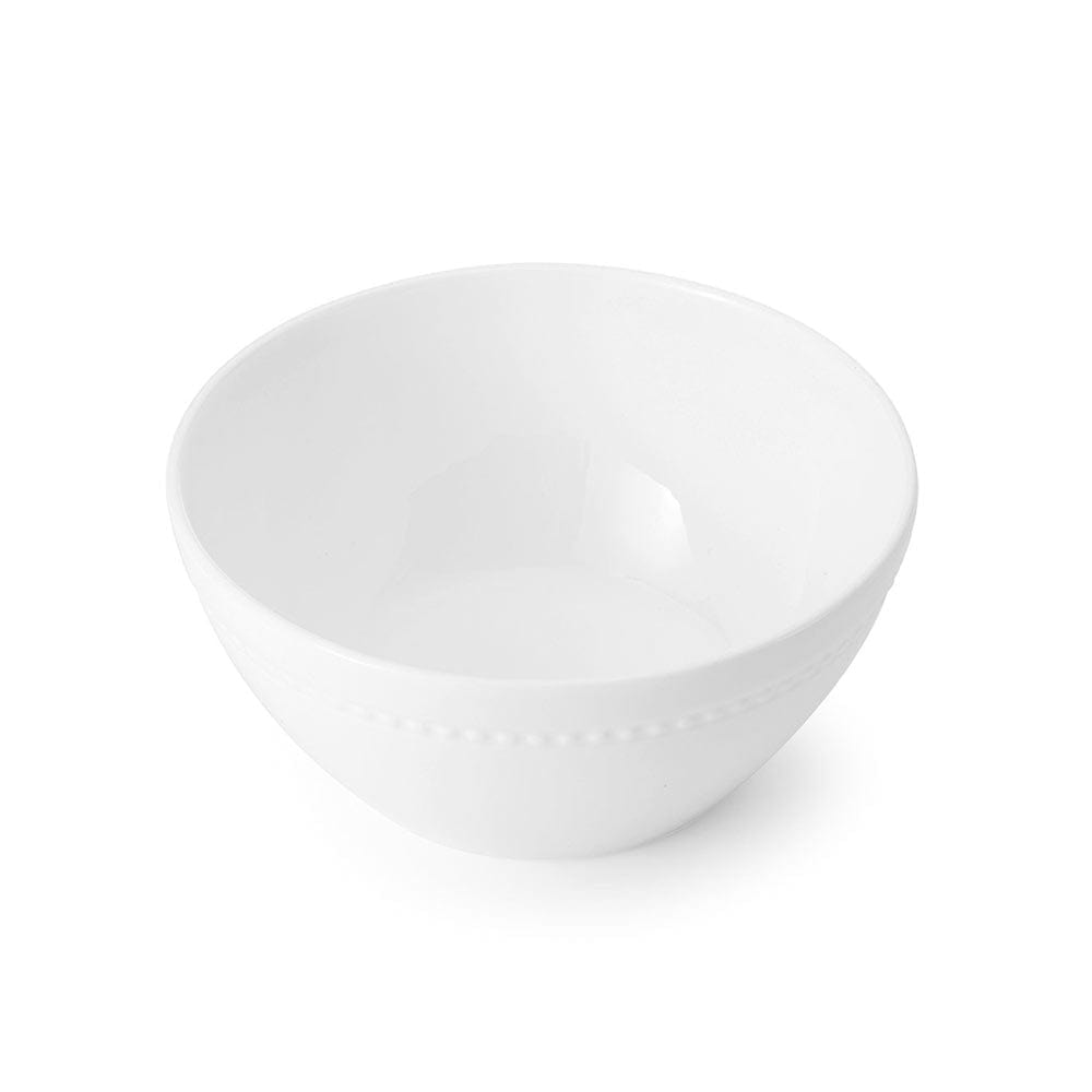 White Loria bowl with a dotted beaded rim viewed from the side