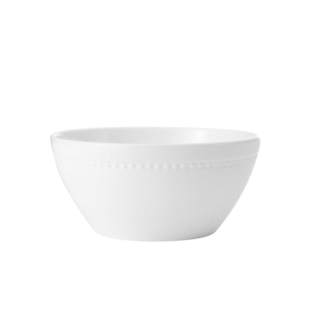 Angled white Loria bowl showing the interior with beaded rim detail