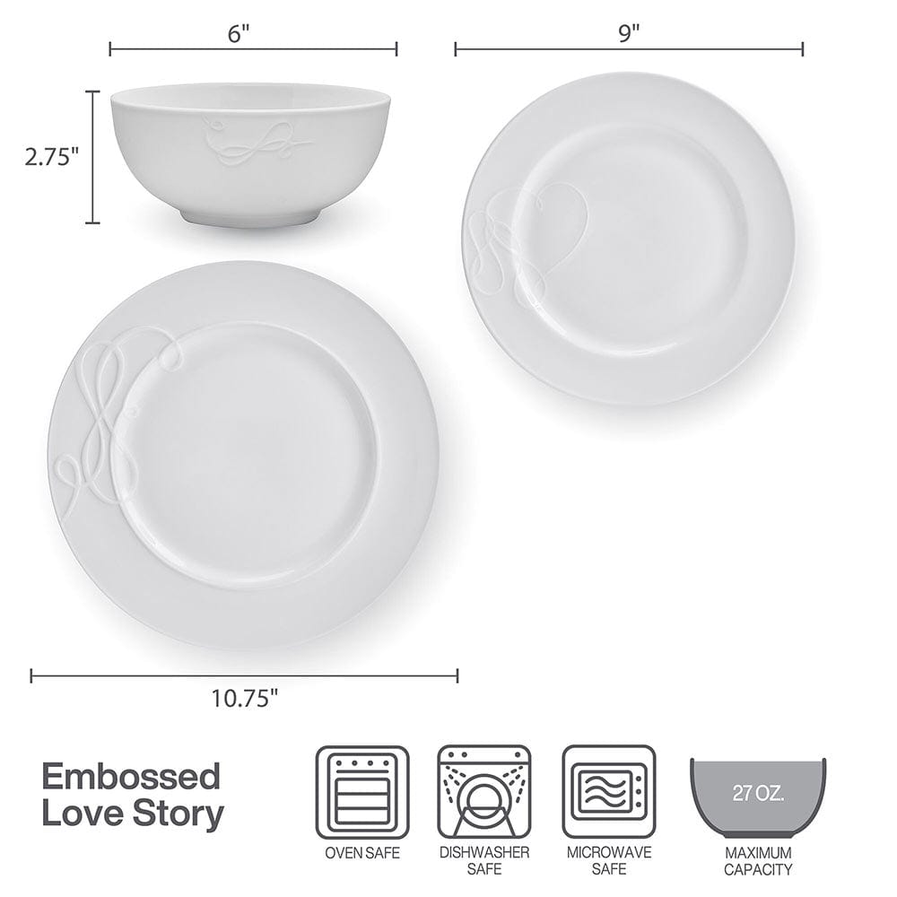 Product diagram for Love Story embossed dinnerware showing bowl and plate dimensions and oven dishwasher microwave icons