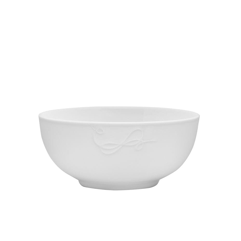 White ceramic bowl with embossed Love design from the Love Story dinnerware set