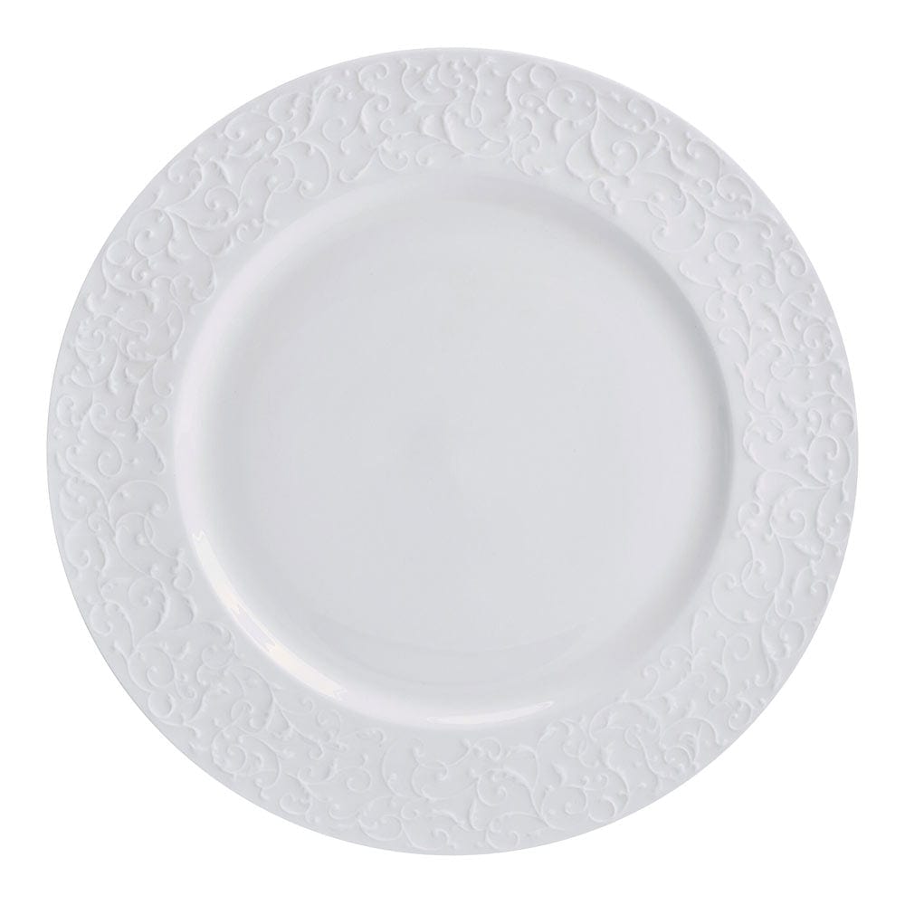 Dinner plate in parchment white with a raised embossed scrolling pattern along the rim
