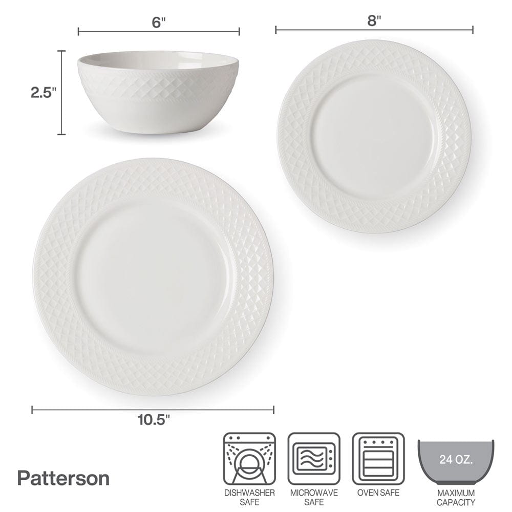 Patterson dishware specification showing a textured bowl and two plates with size measurements and care icons.