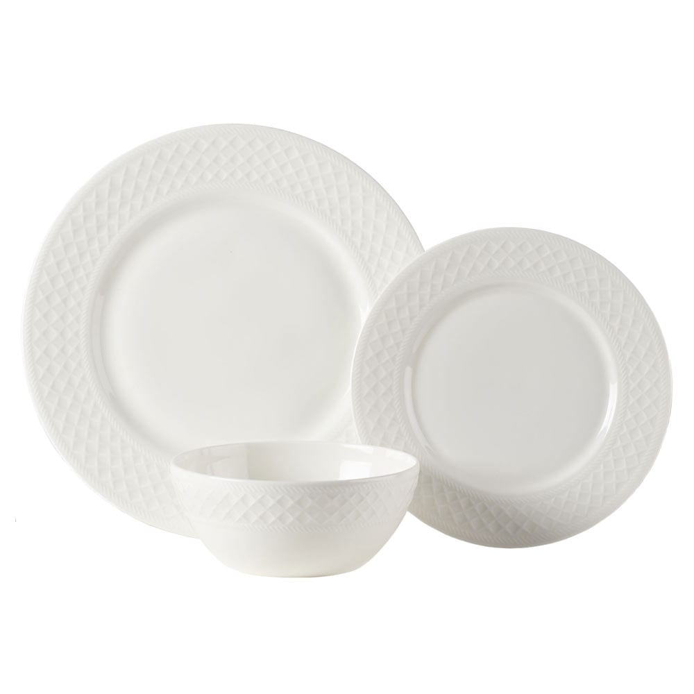 White dinnerware set with a large plate a smaller plate and a textured rim bowl for service for four.